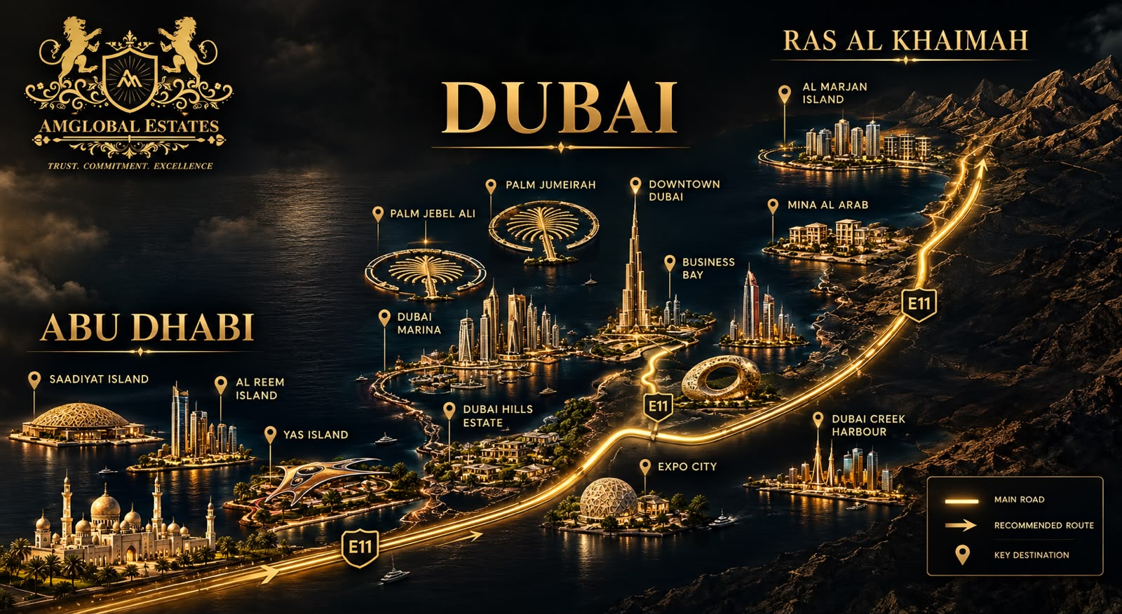 AMGlobal Estates map of key destinations across Abu Dhabi, Dubai and Ras Al Khaimah along the E11
