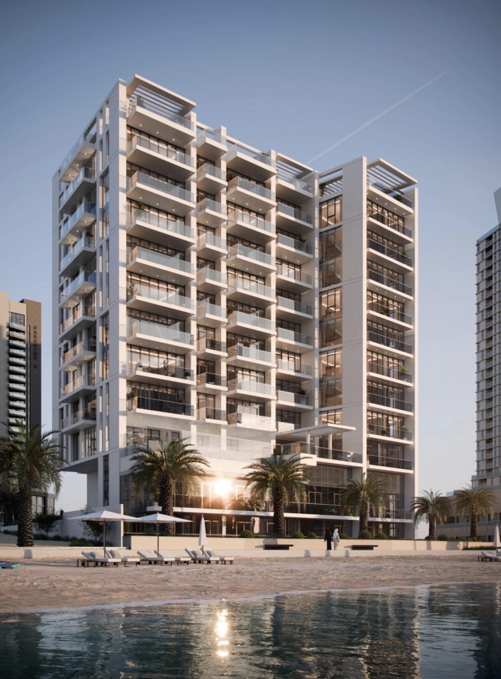 Beachfront apartment tower at sunrise