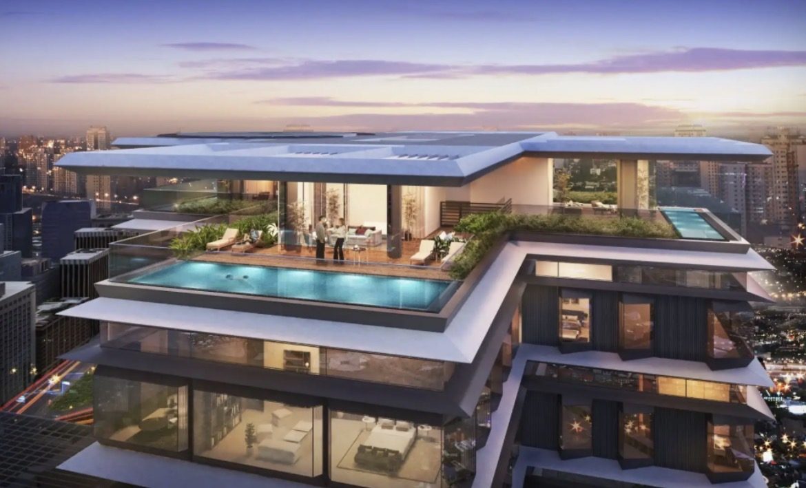 Rooftop penthouse with private pool at dusk